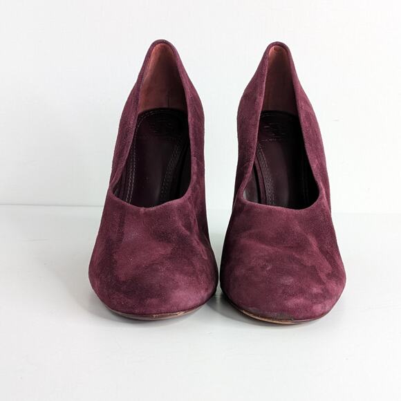 Tory Burch Lucia Heels Womens 8 Burgundy Suede Chunky Round Toe Slip On - Picture 4 of 14